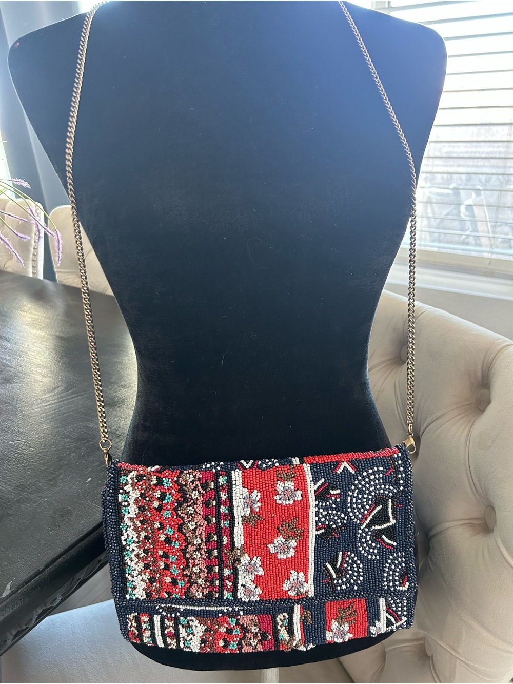 Embroidered Beaded Crossbody Bag - Navy & Red